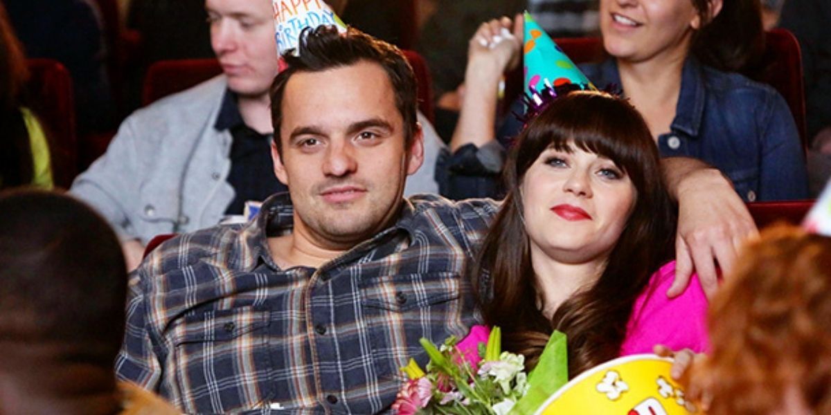 Jess and Nick watching Jess's Birthday Video in the theater