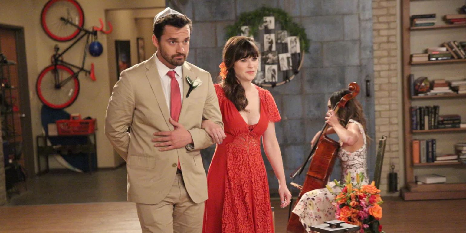 Nick e Jess caminham juntos pelo corredor para o casamento de Cece e Schmidt em New Girl