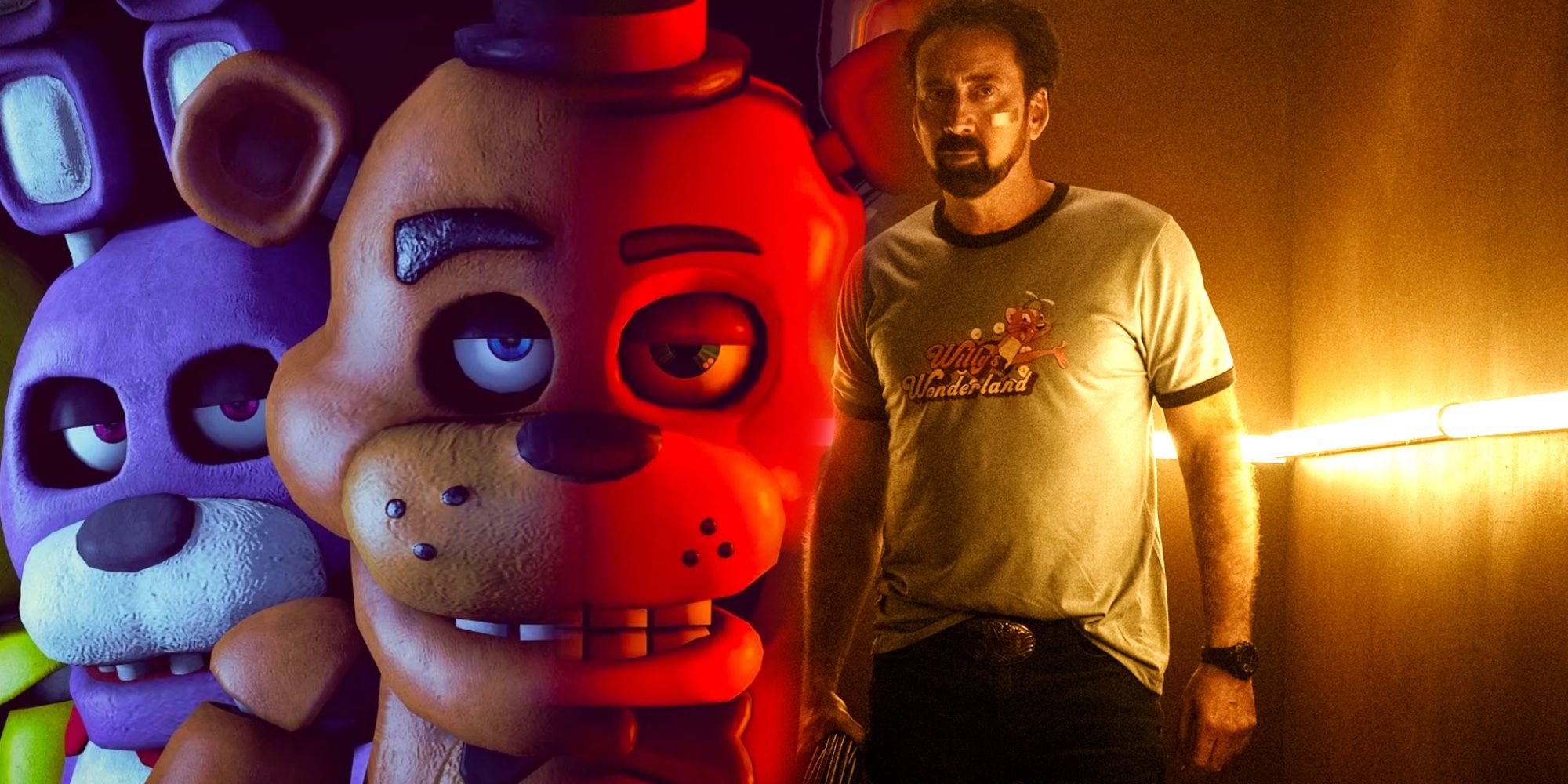 Nicolas Cage in Willy's Wonderland with Five Nights At Freddy's Creatures