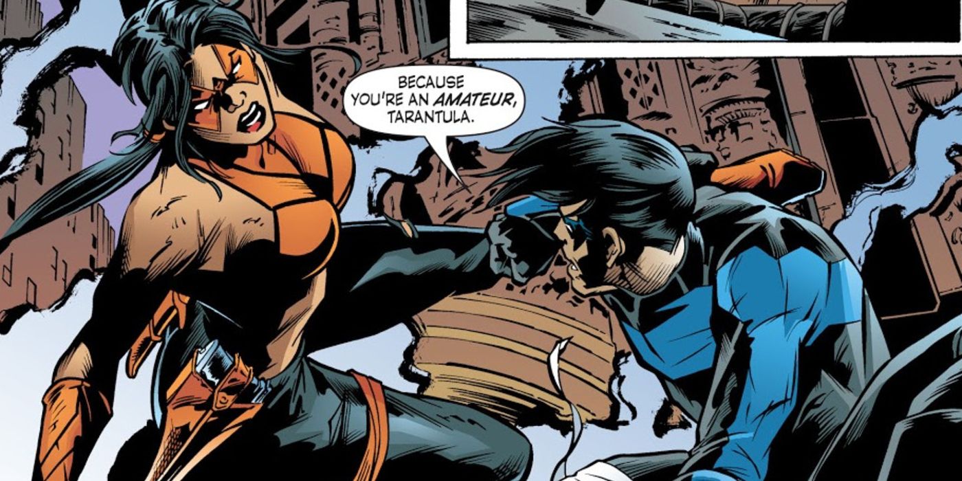Nightwing fighting Tarantula in DC Comics