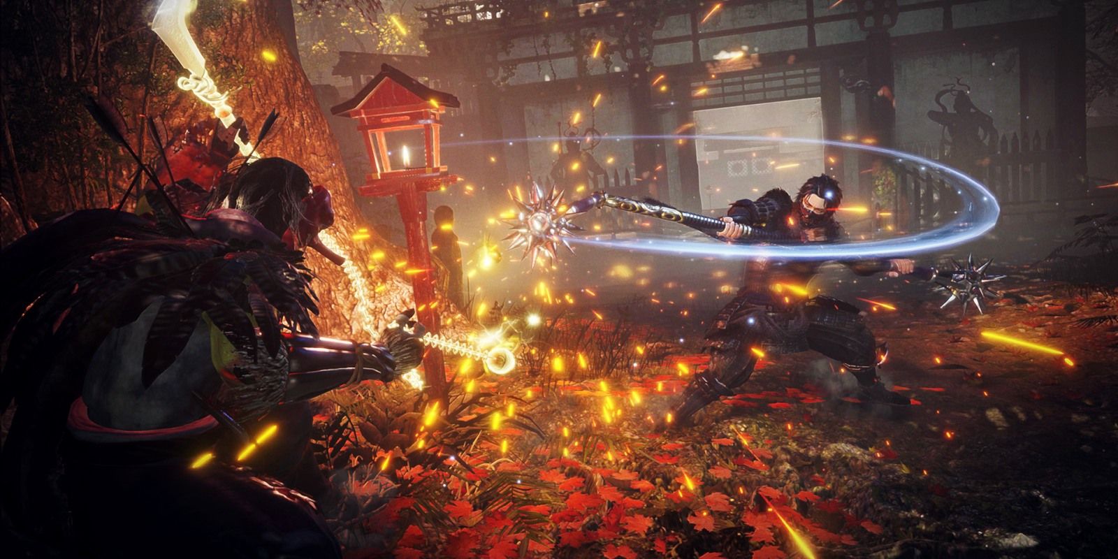 Combat in Nioh 2 full of sparks between two players with mace-like weapons.