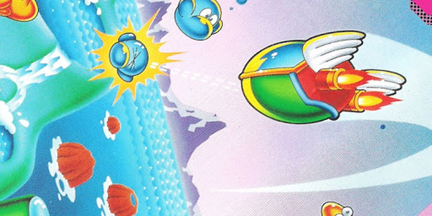 The protagonist of Fantasy Zone, Opa Opa, swoops in to shoot an enemy.