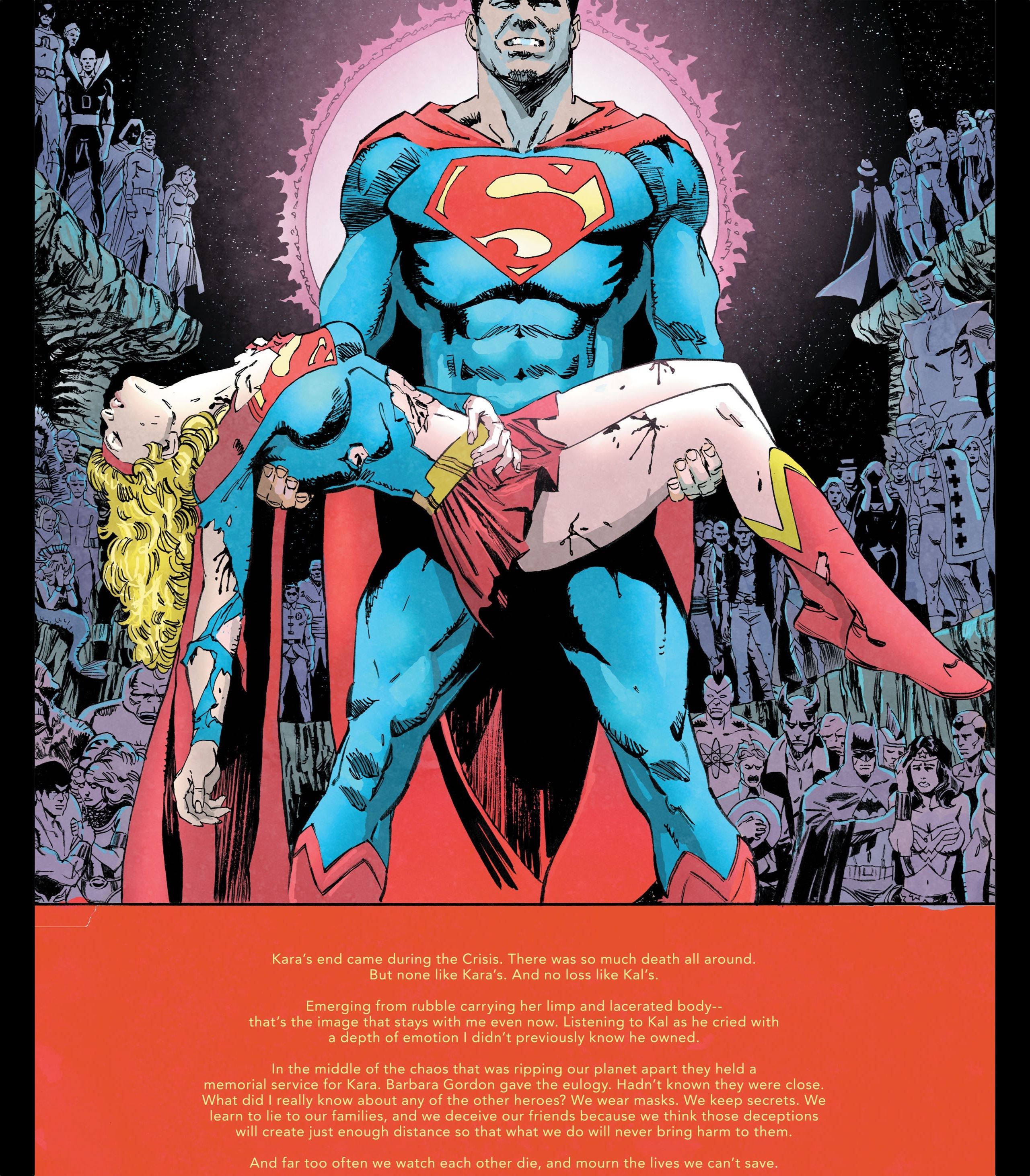 Superman memegang tubuh supergirl setelah kematiannya dalam krisis tak terbatas