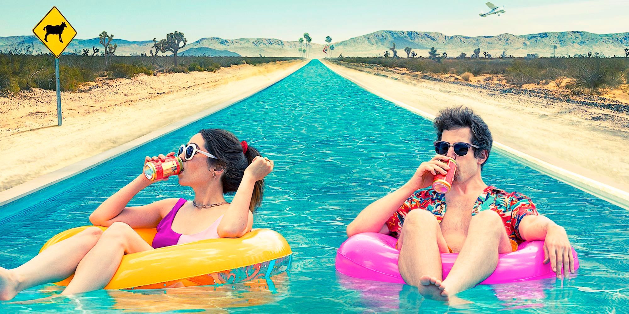 Cristin Milioti and Andy Samberg on floaties in Palm Springs