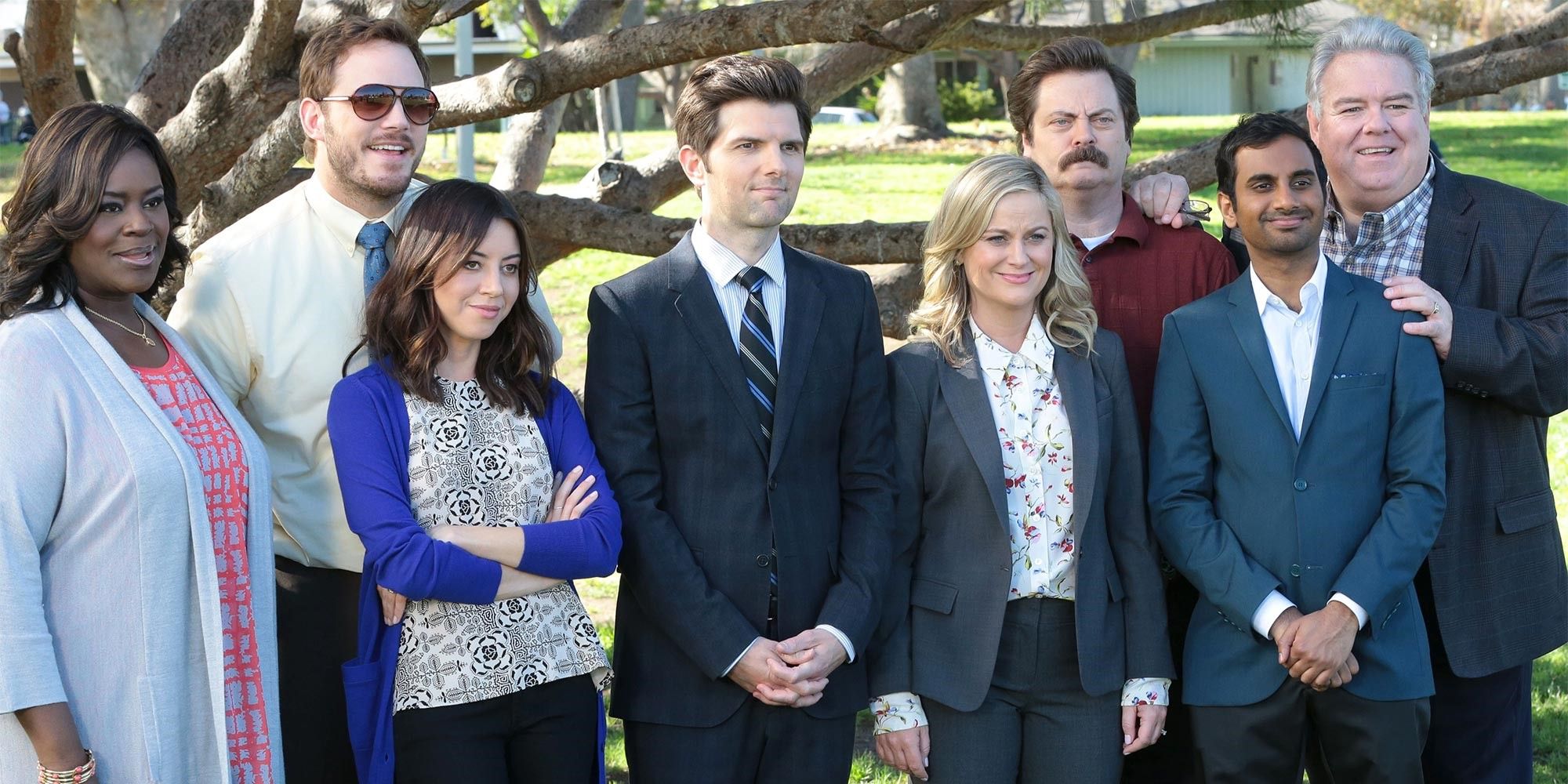 The cast of Parks and Recreation gathered in the finale