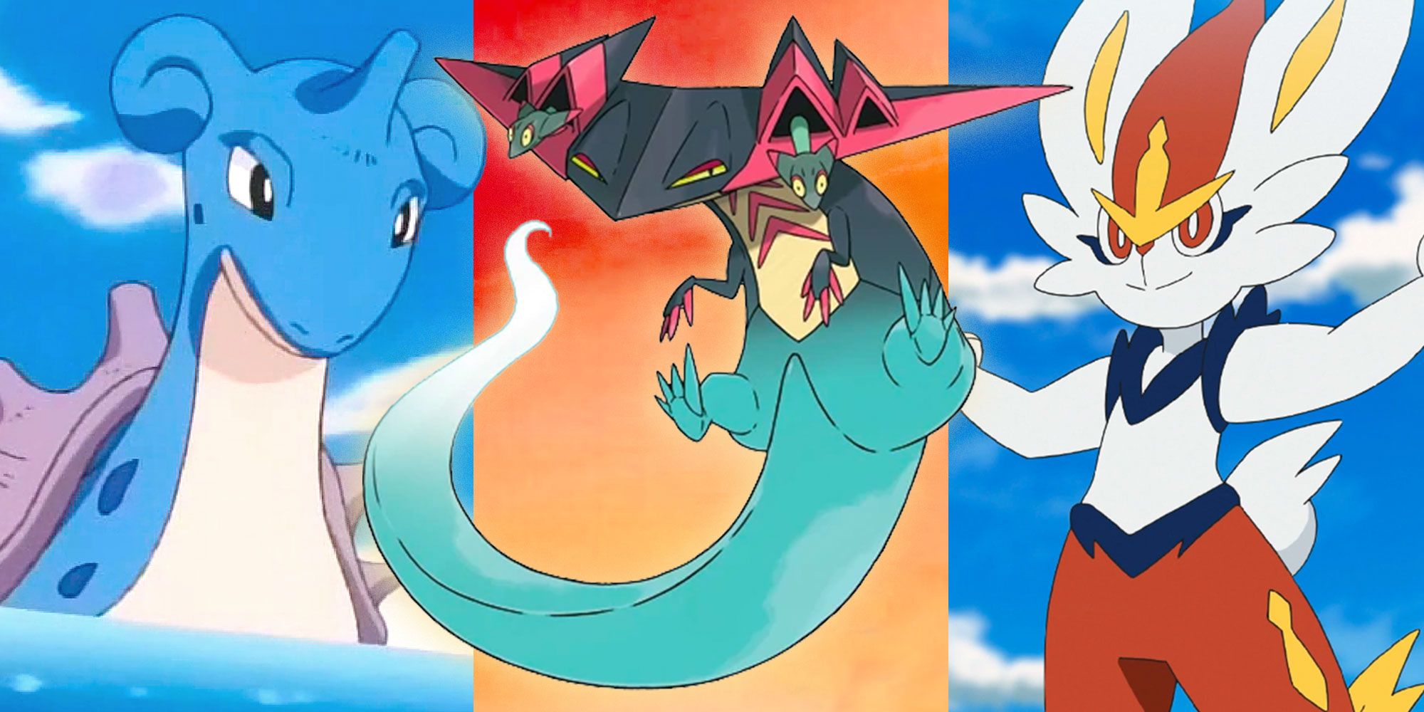 Split image of Dragapult, Incinerace, and Lapras pokemon art.