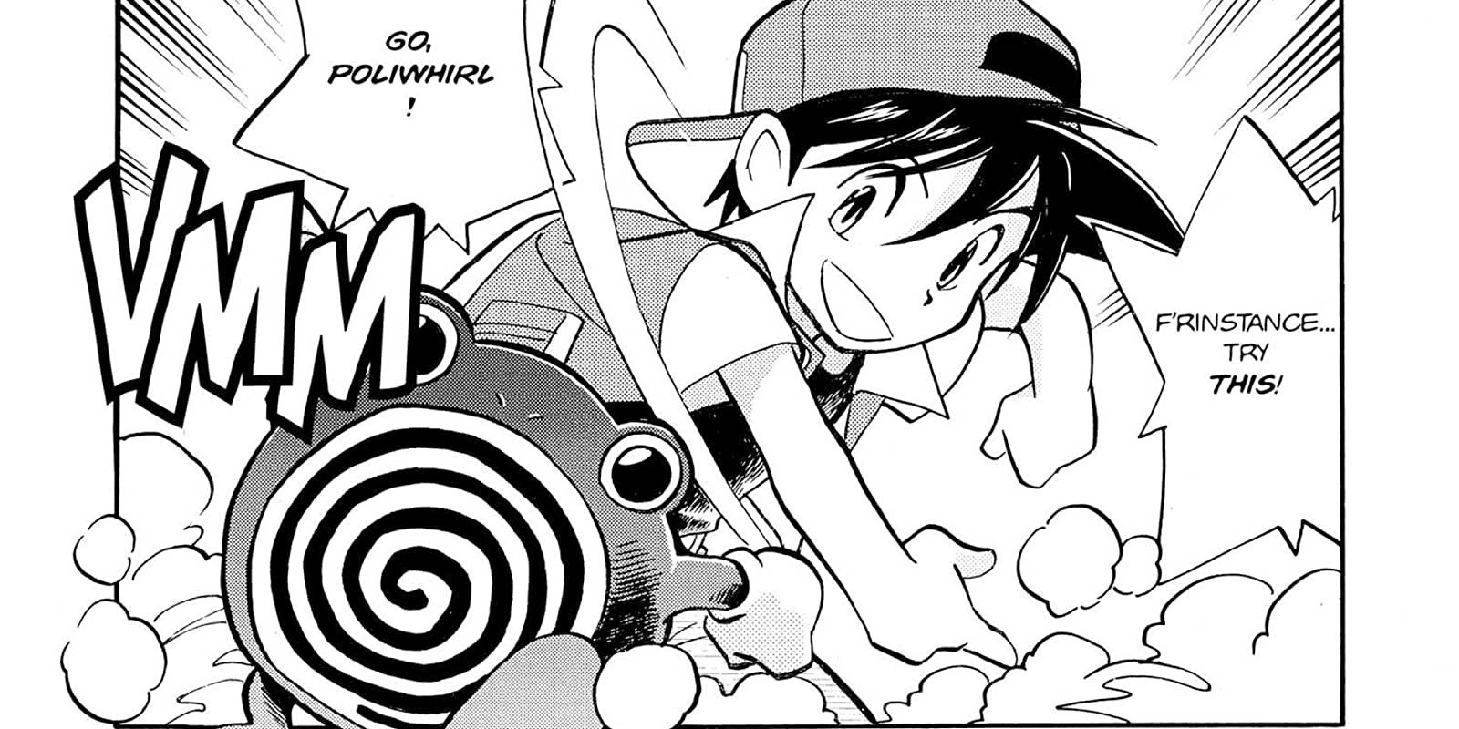 Red from Pokemon Adventures Sends out Poliwhirl