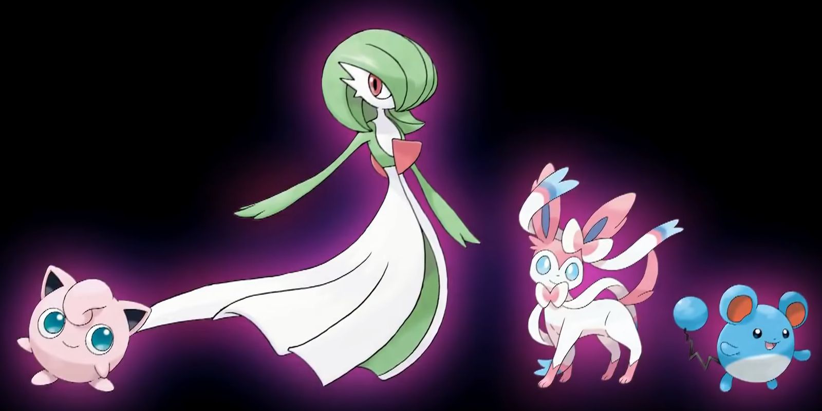 An assortment of Fairy-type Pokemon (Jigglypuff, Gardevoir, Sylveon, and Marill) on a black background