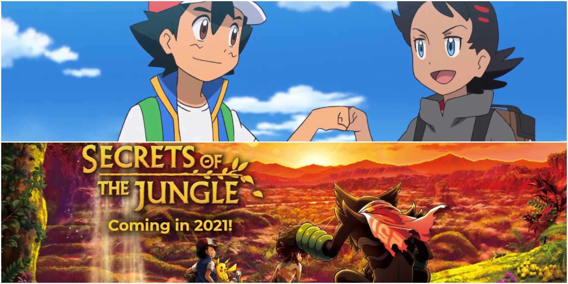Still from the Pokémon Journeys anime series and a teaser image for the 23rd movie coming to the west