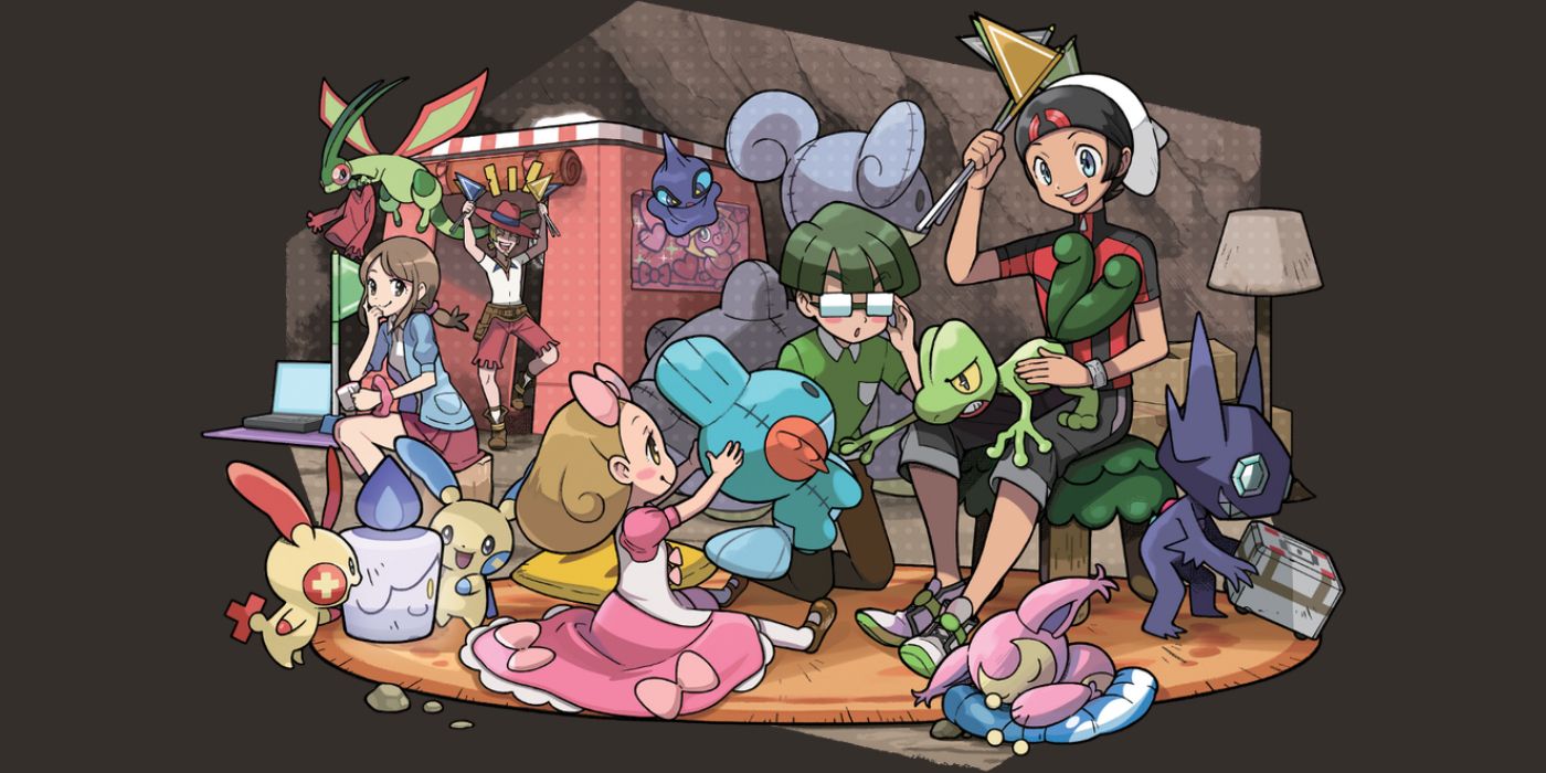 Arte de Bases Secretas para Pokémon Omega Ruby e Alpha Sapphire apresentando diversos personagens e criaturas.