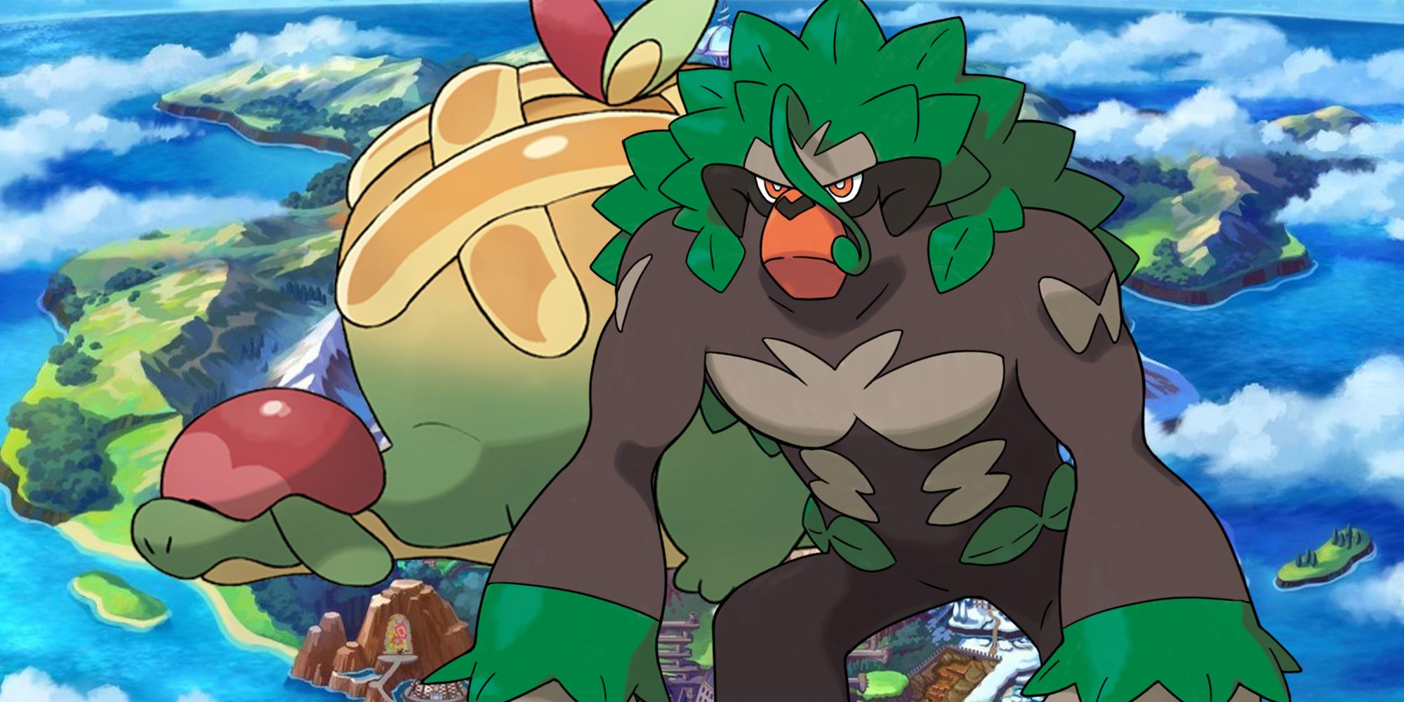 Two Grass type Pokemon from Pokemon Sword and Shield above a map of the region