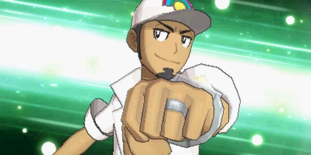 Professor Kukui from Pokemon Sun and Moon gives a fist to the camera.