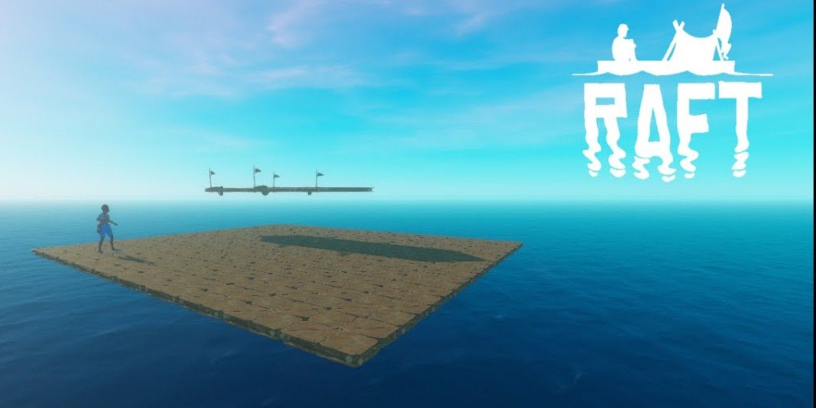A player stands on a floating floor in Raft