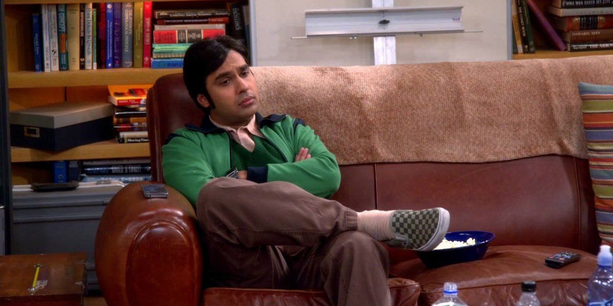Raj sitting on the couch at Leonard and Sheldon's apartment in The Big Bang Theory