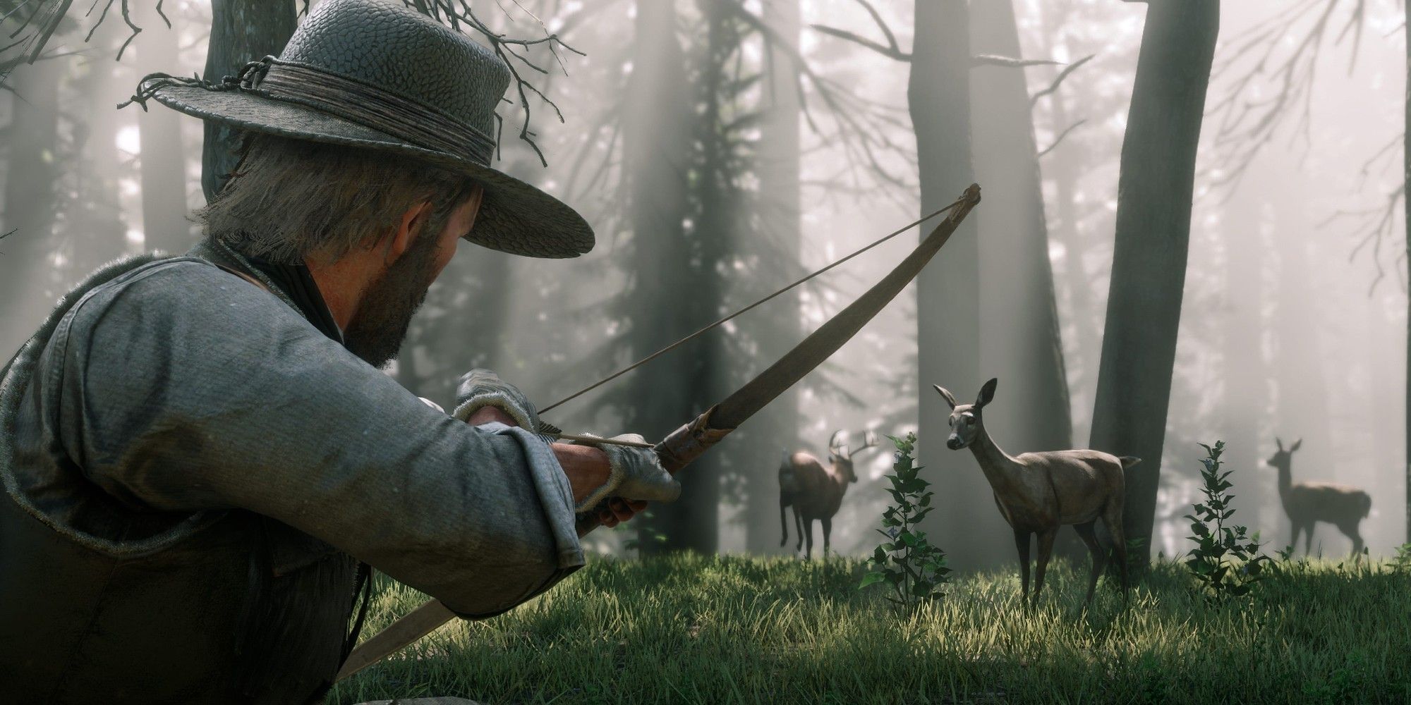 Arthur hunts deer with a bow and arrow in Red Dead Redemption 2