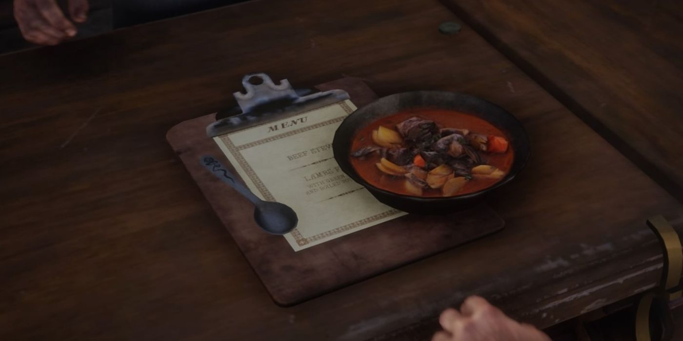 A bowl of stew in Red Dead Redemption 2, sitting on a table next to a menu and a spoon.