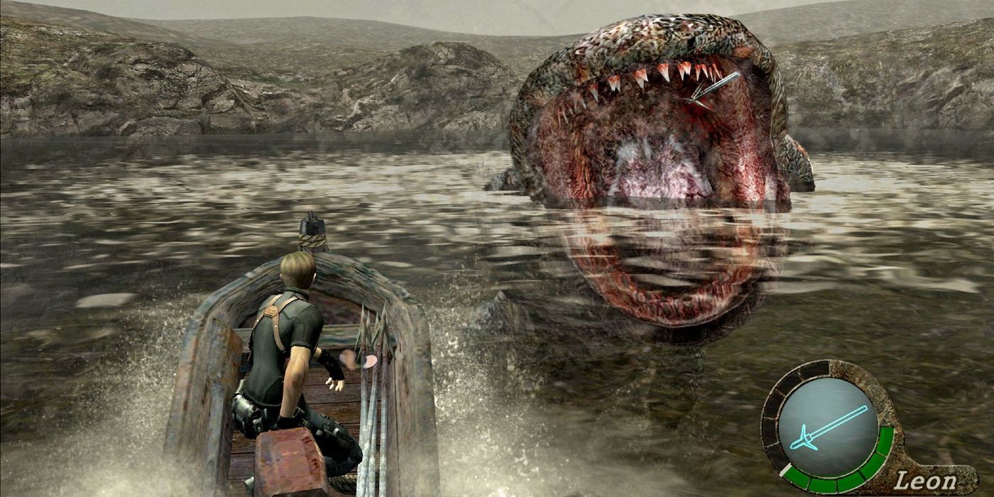 Leon encounters a sea monster in Resident Evil 4