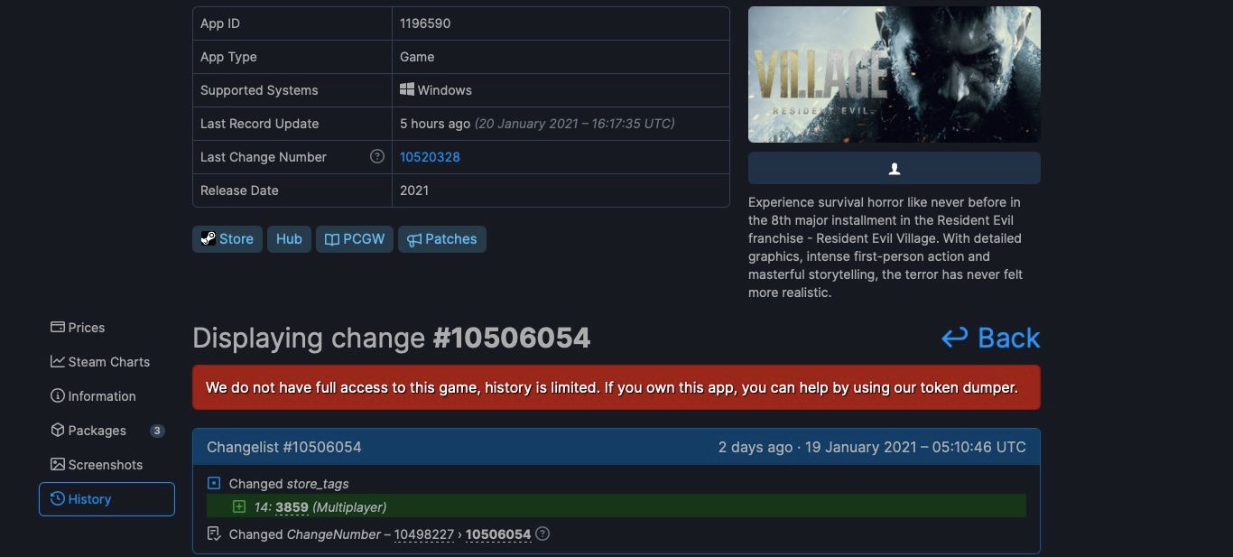 Resident Evil Village Steam DB multiplayer update page