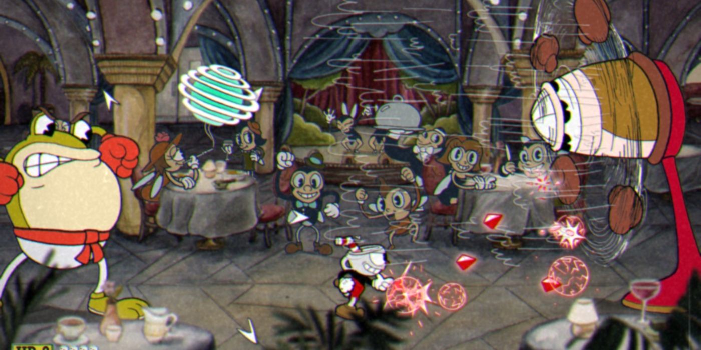 Cuphead is fighting Ribby and Croaks while shooting his finger gun.