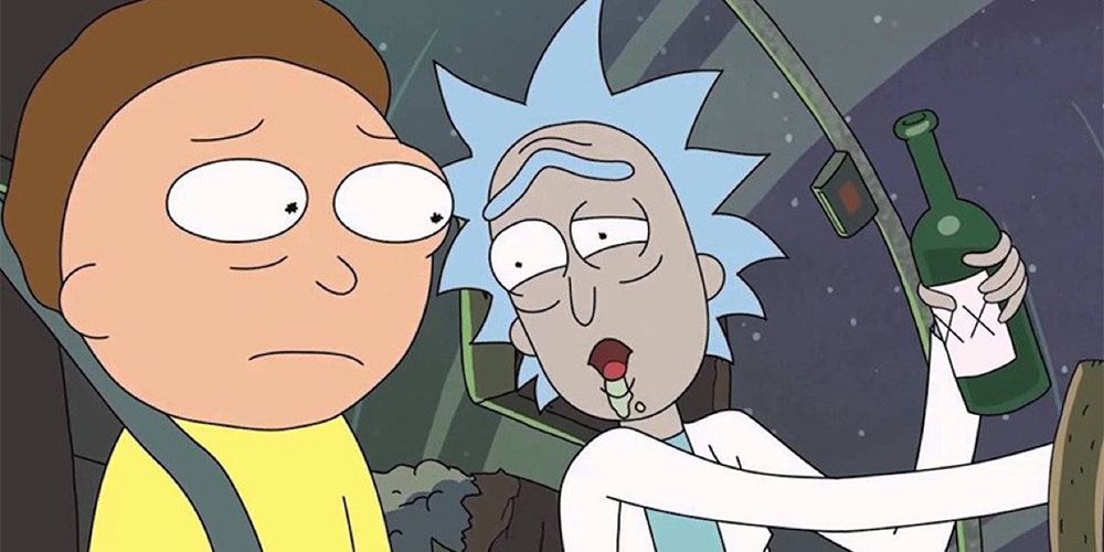 Rick drinking while flying through space in Rick and Morty.