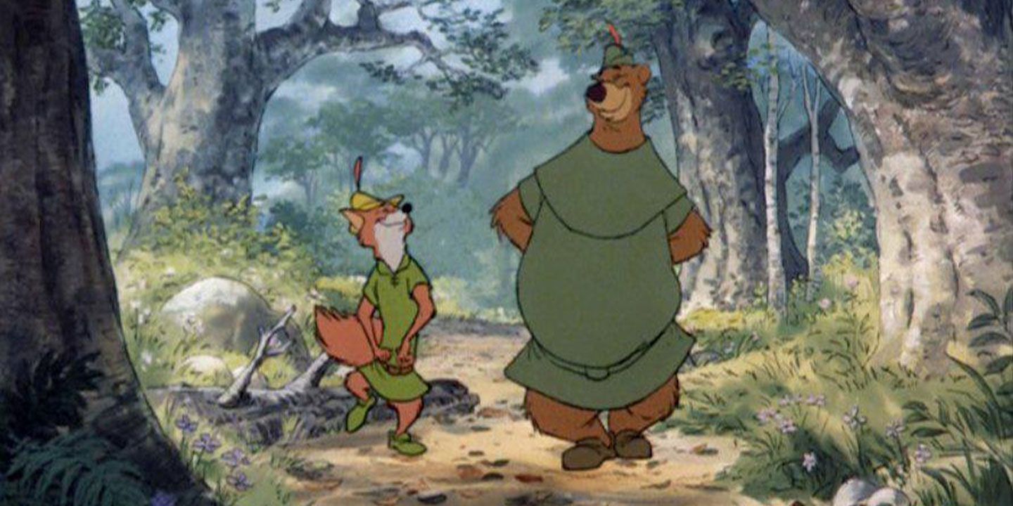 Robin and Little John walking in the forest in Disney's Robin Hood