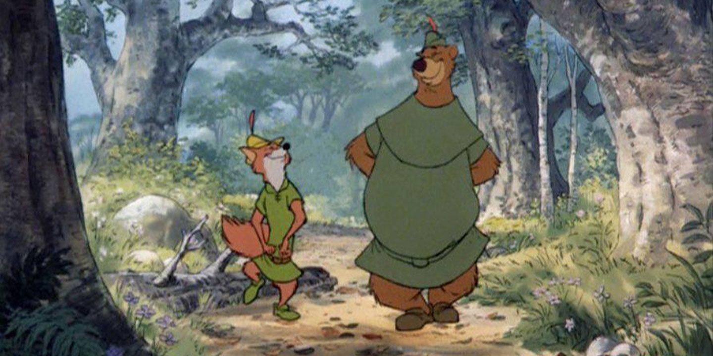 Robin e Little John andando na floresta no Robin Hood da Disney