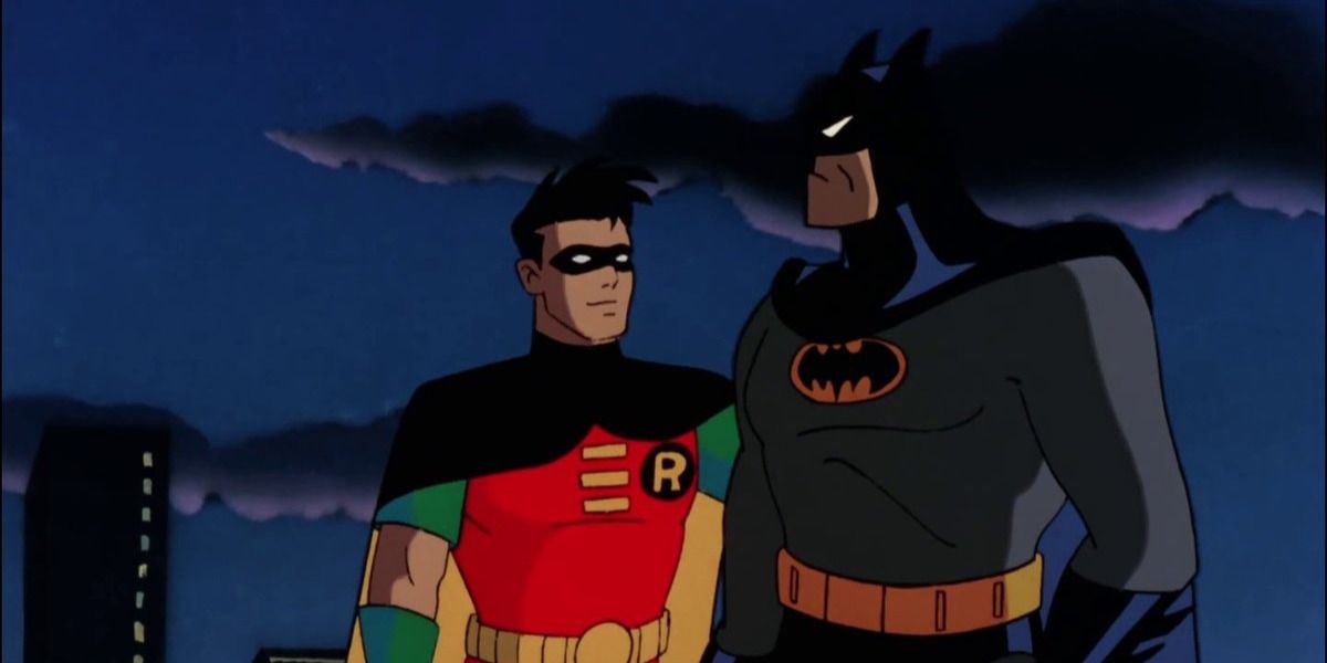 Batman and Robin staring at each other in Batman TAS.