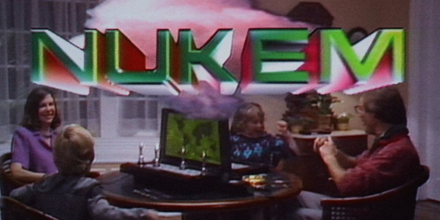 A fictional family plays the hilarious Nukem game in RoboCop