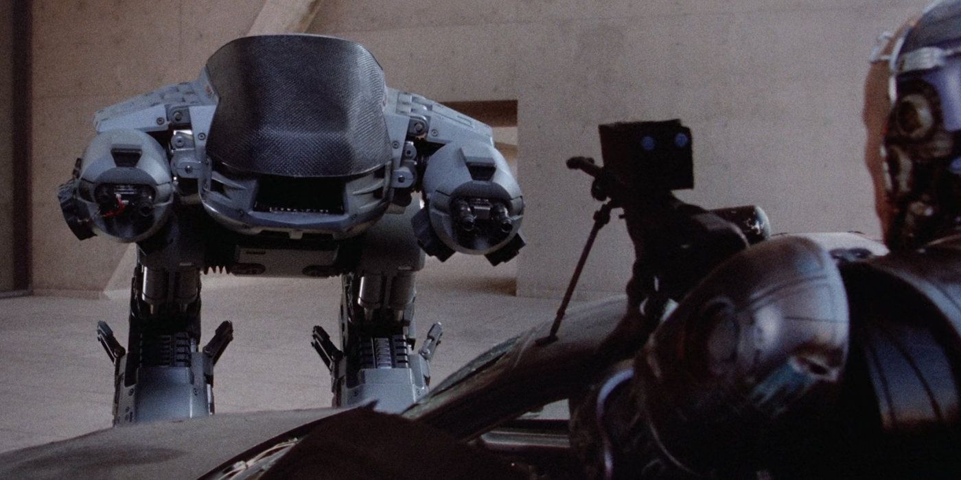 RoboCop prepares to fire on ED-209 with an explosive round in RoboCop