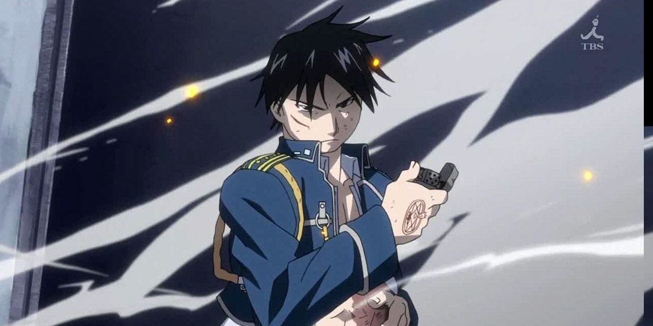 Roy Mustang frowning and holding a lighter in Fullmetal Alchemist