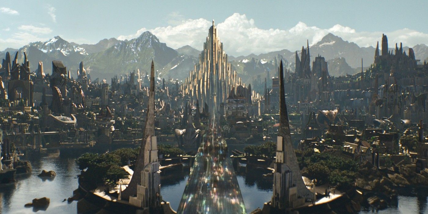 A wide shot of Asgard in Thor.