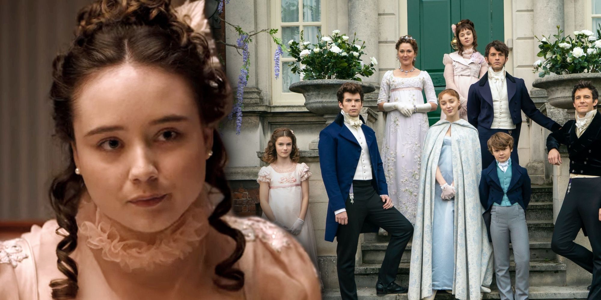 A blended image features Ruby Stokes as Francesca Bridgerton in Bridgerton on Netflix alongside the family portrait of her Bridgerton siblings with their mother