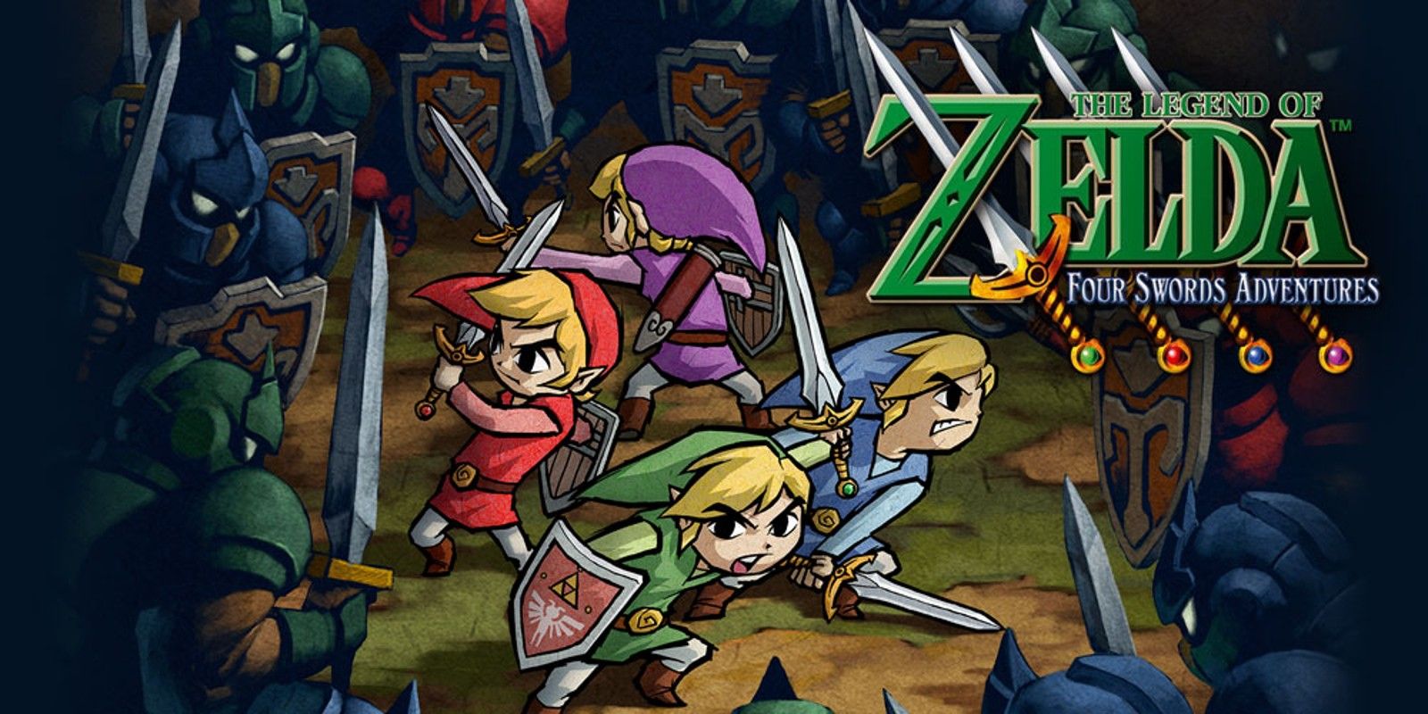 Key art including the logo for Four Swords Adventures, showing the four Links surrounded by enemies.