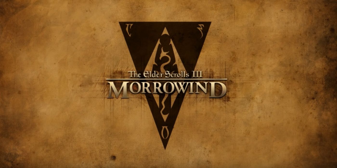 The logo for The Elder Scrolls 3: Morrowind placed on a background that looks like parchment.