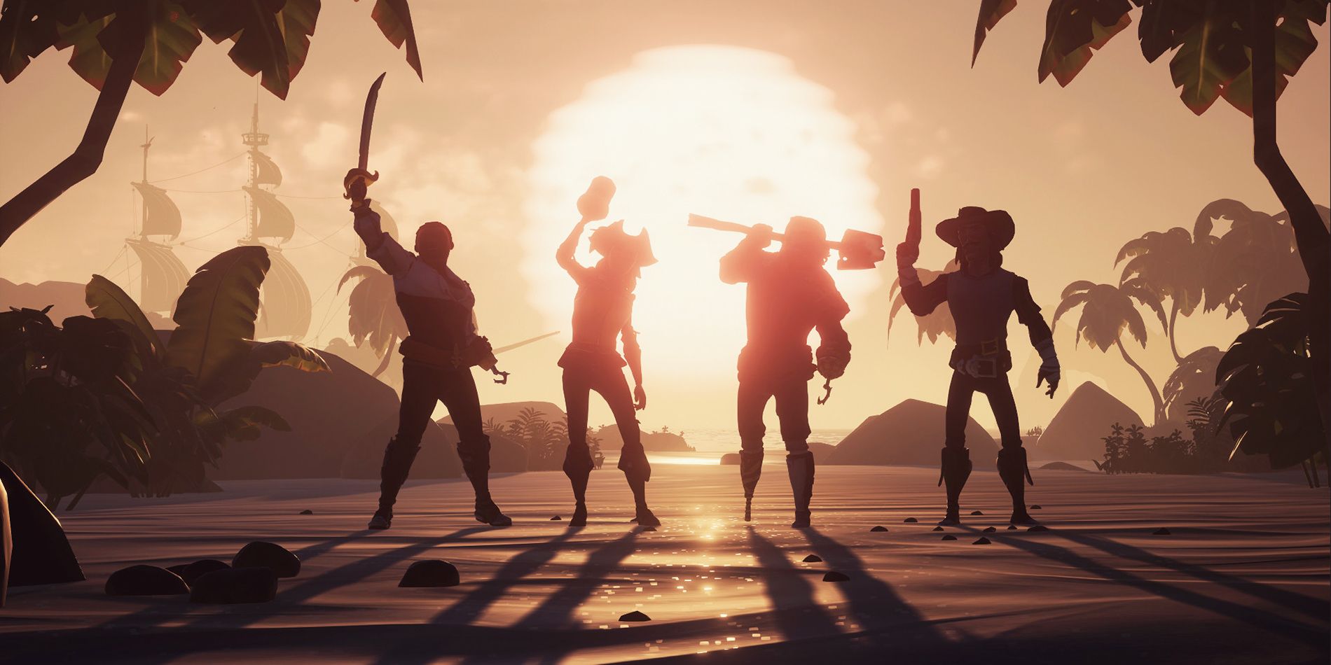 Empat perompak berpose di depan matahari di Sea Of Thieves