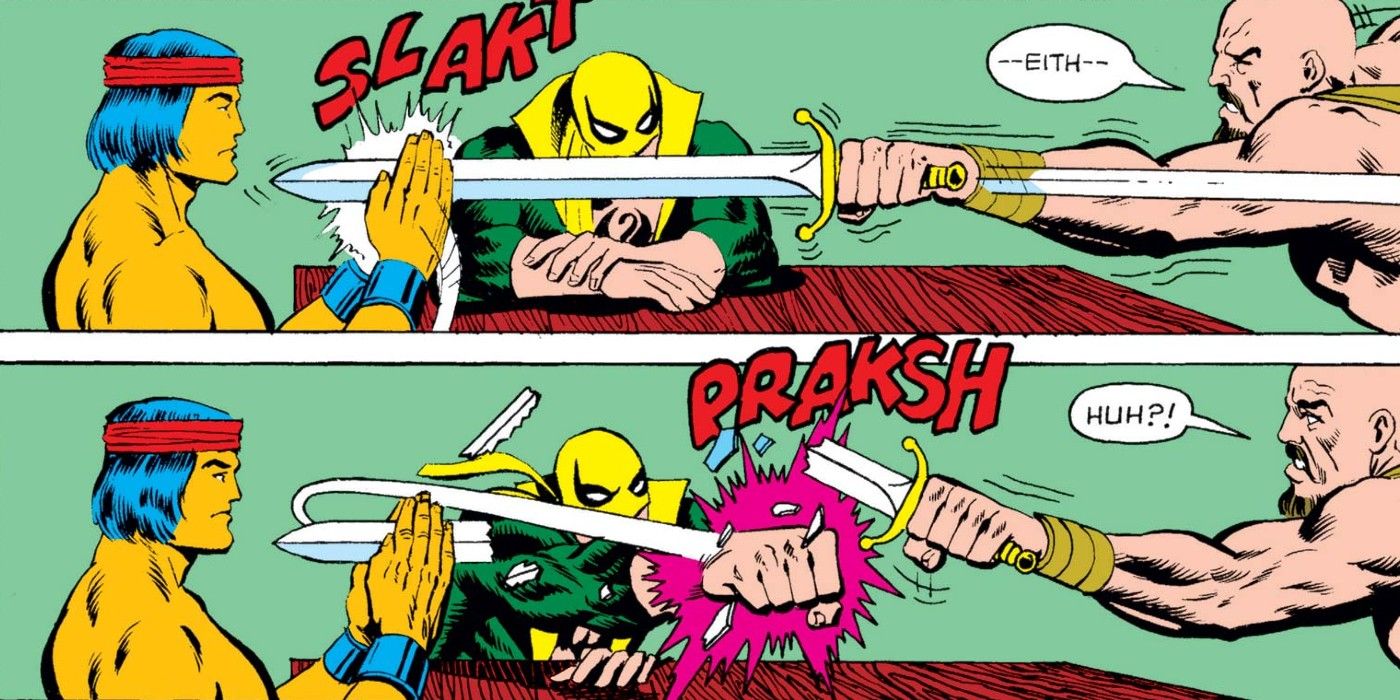 Shang-Chi stopping sword and Iron Fist breaks it