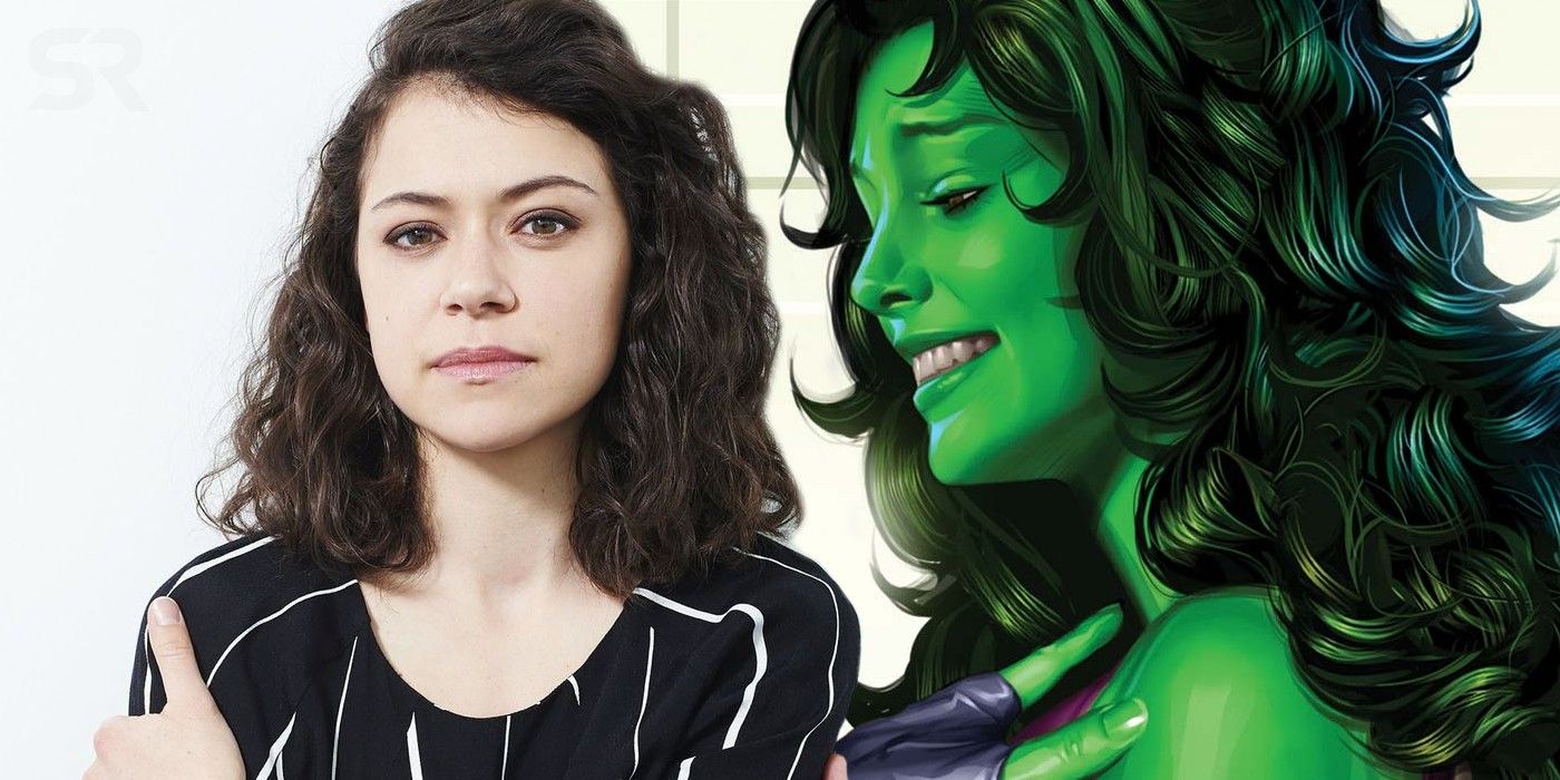 Blended image shwoing Tatiana Maslany and She-Hulk