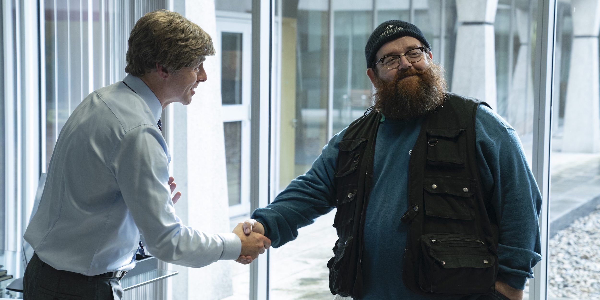 Simon Pegg and Nick Frost shaking hands in Truth Seekers