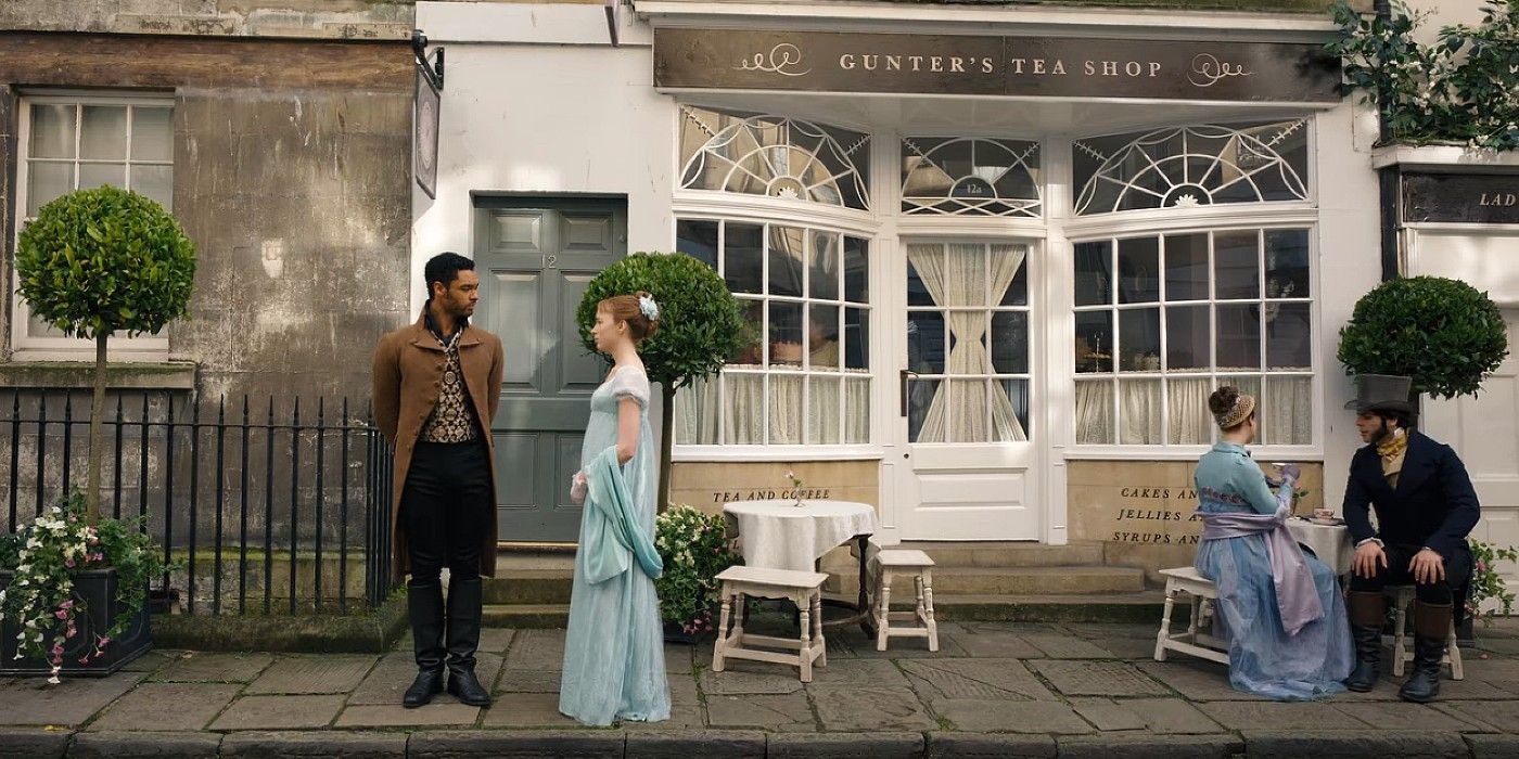 Simon and Daphne at Gunter's Tea Shop in Bridgerton