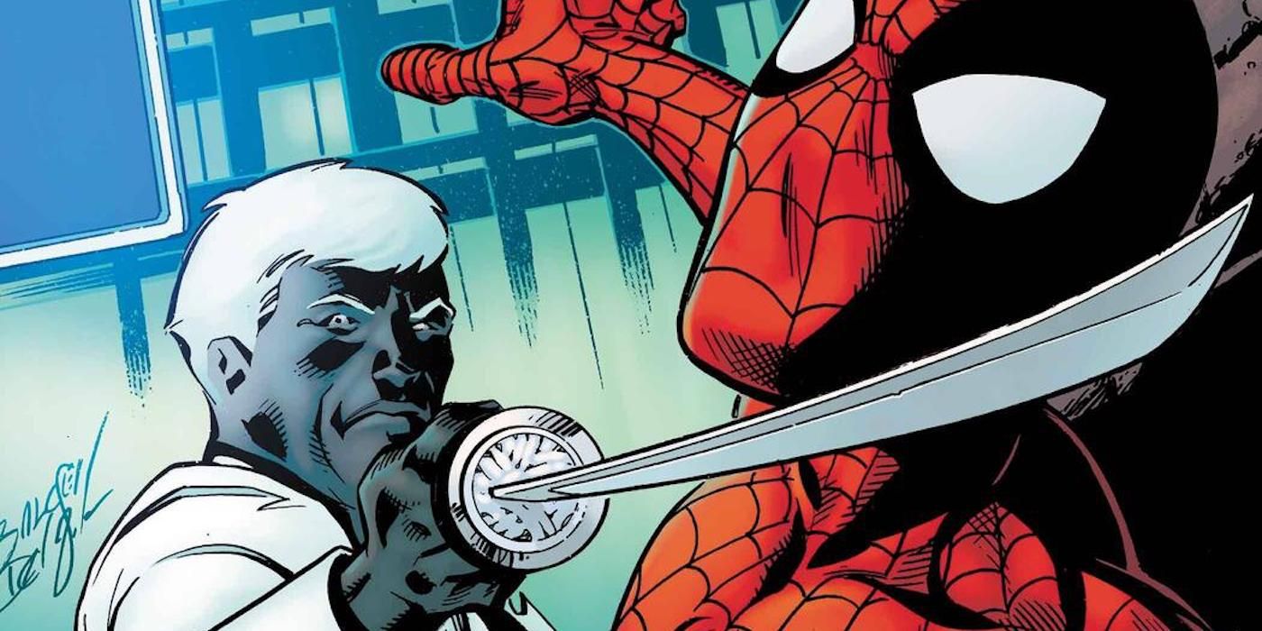 Mister Negative segura uma espada na garganta do Homem-Aranha nos quadrinhos.