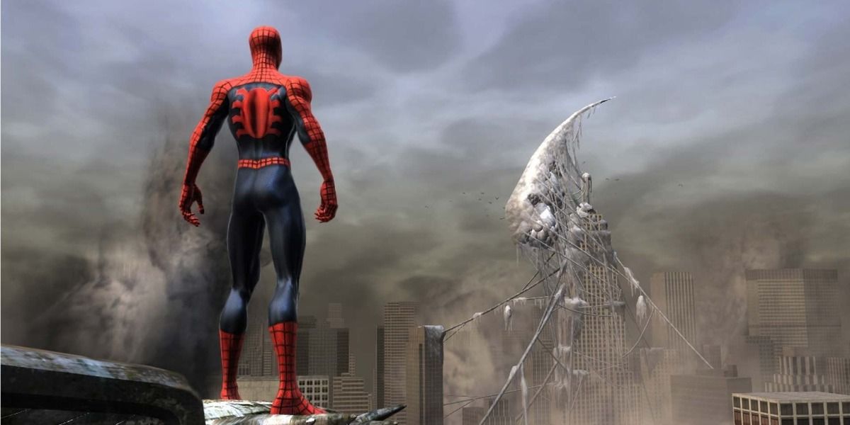 Spider-Man stands on a skyscraper in Web Of Shadows