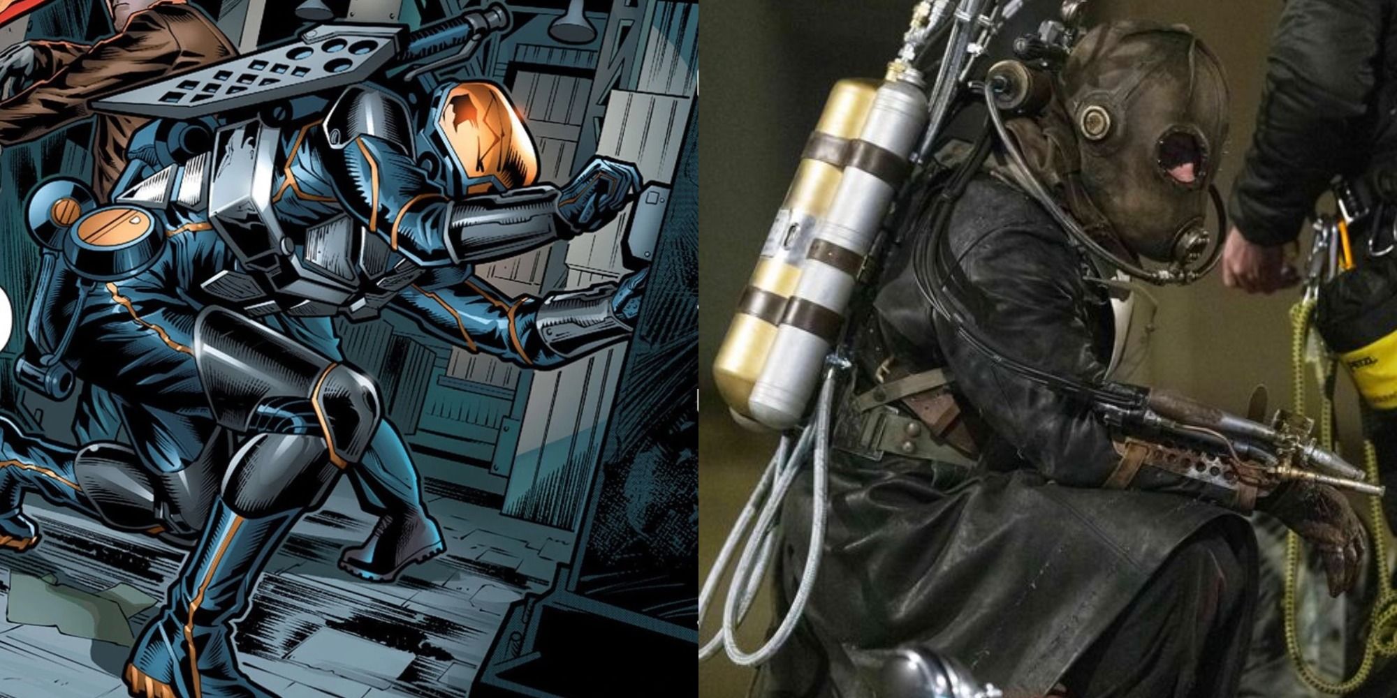 Split image of Firefly in the Batman V Superman Dawn Of Justice prequel comic and in the Batgirl movie