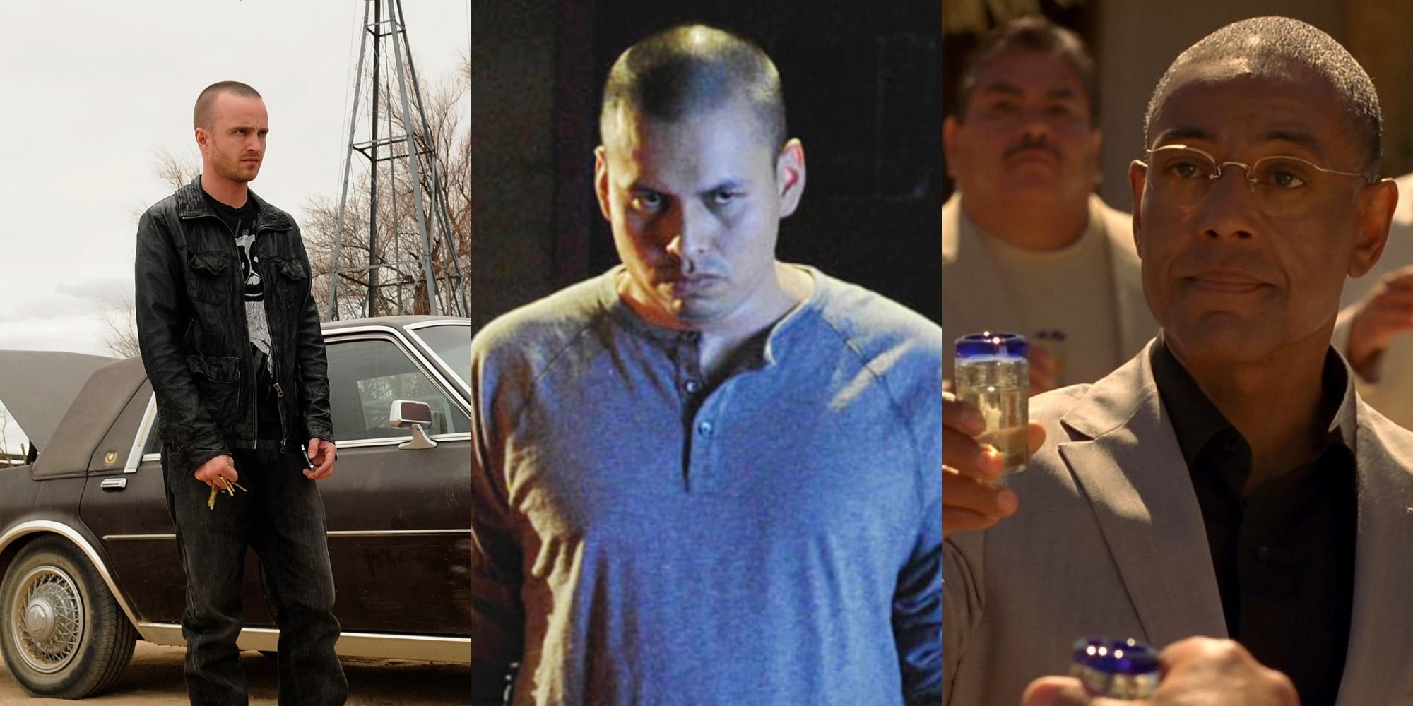 Split image of Jesse, Victor and Gus in Breaking Bad season 4