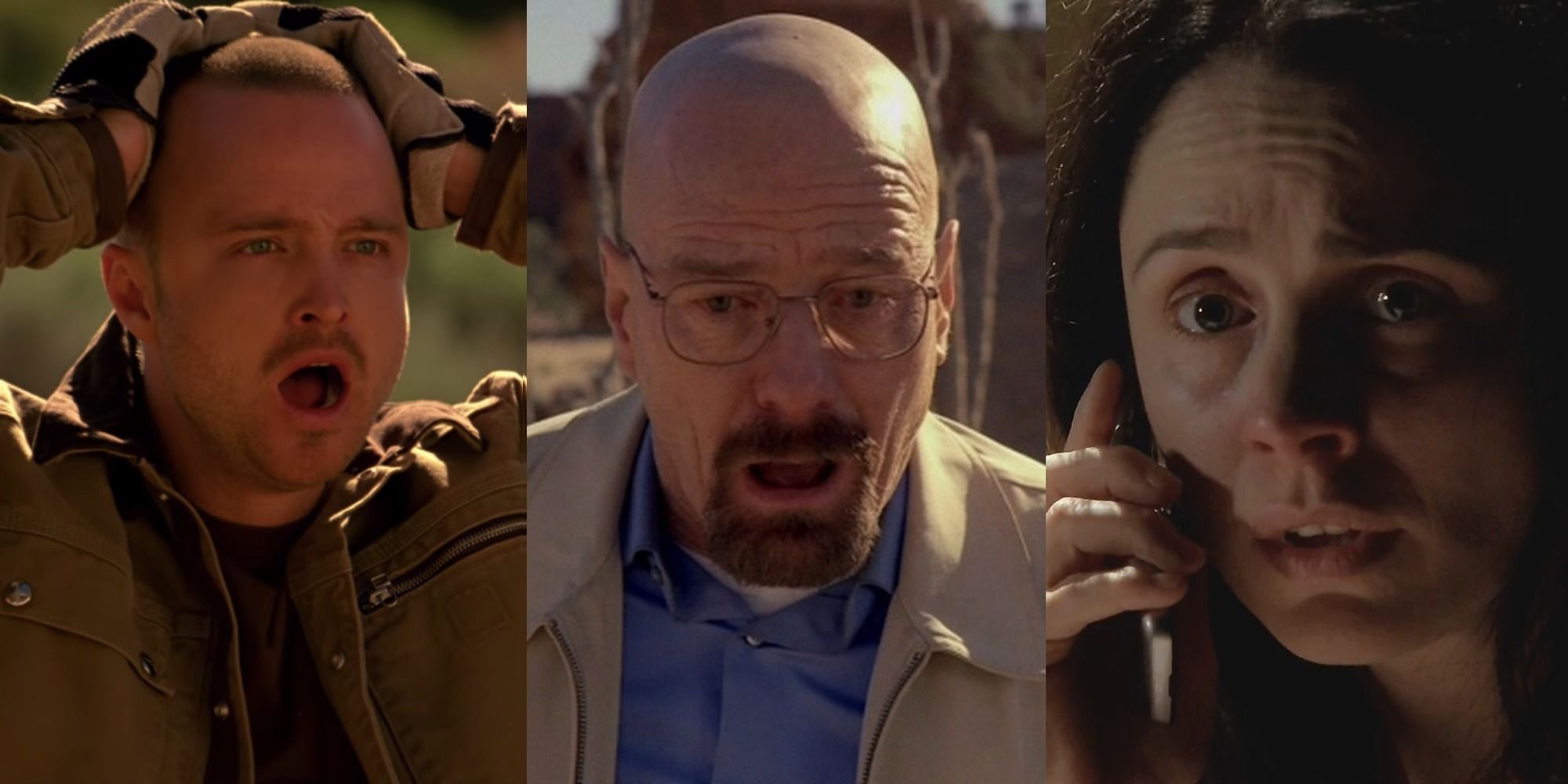 Split image of Jesse, Walt and Lydia in the final season of Breaking Bad