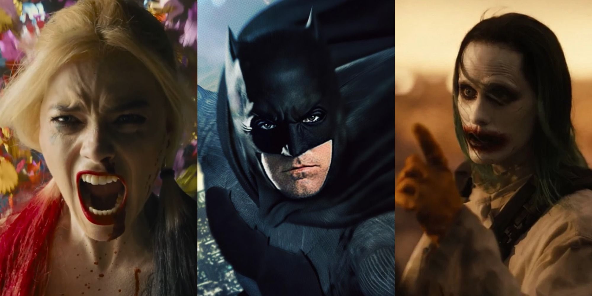 Split image of Margot Robbie's Harley Quinn, Ben Affleck's Batman, and Jared Leto's Joker in various DCEU movies