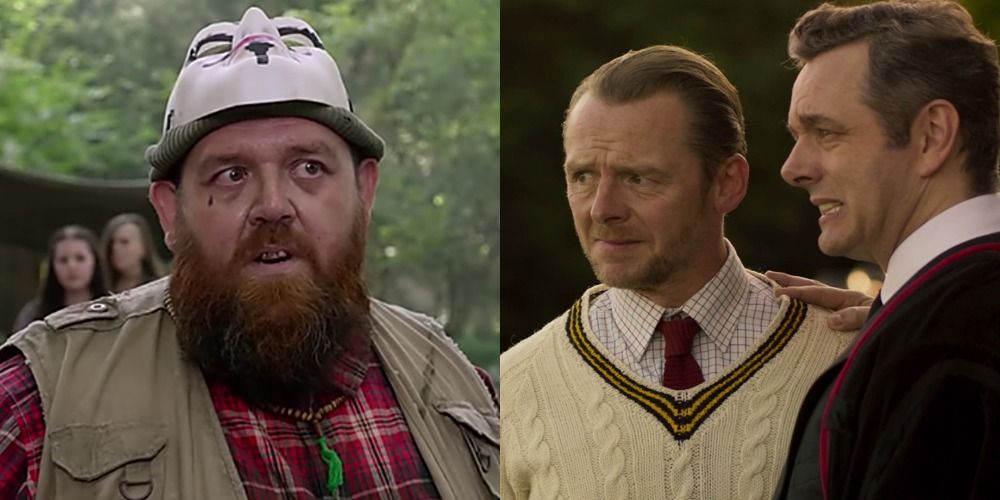 Split image of Nick Frost, Simon Pegg and Michael Sheen in Slaughterhouse Rulez