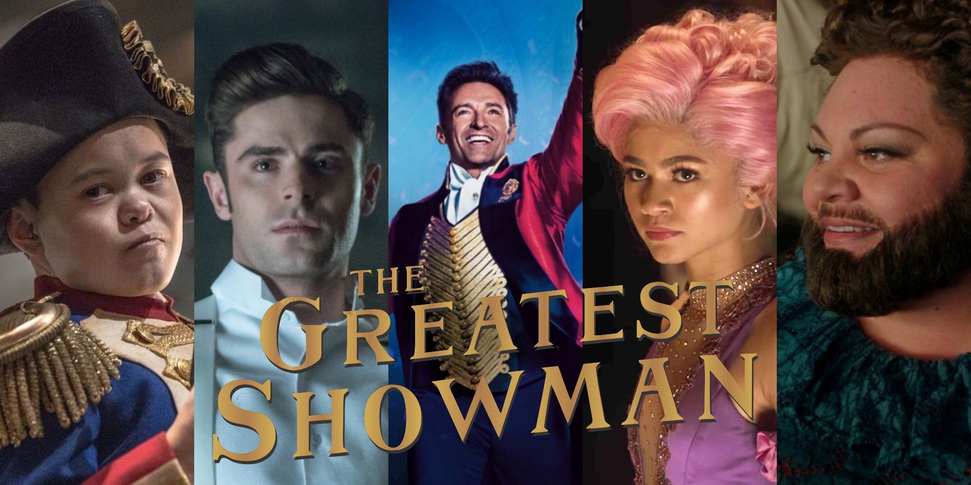 Split image of Sam Humphrey, Zac Efron, Hugh Jackman, Zendaya and Keala Settle in The Greatest Showman with the movie's logo on top