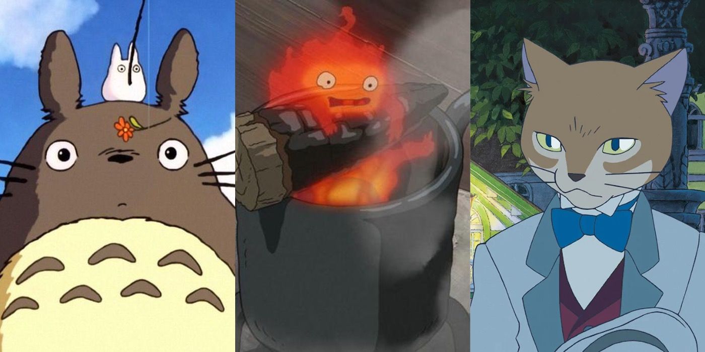 Split image showing Totoro, Calcifer, and the Baron from Studio Ghibli