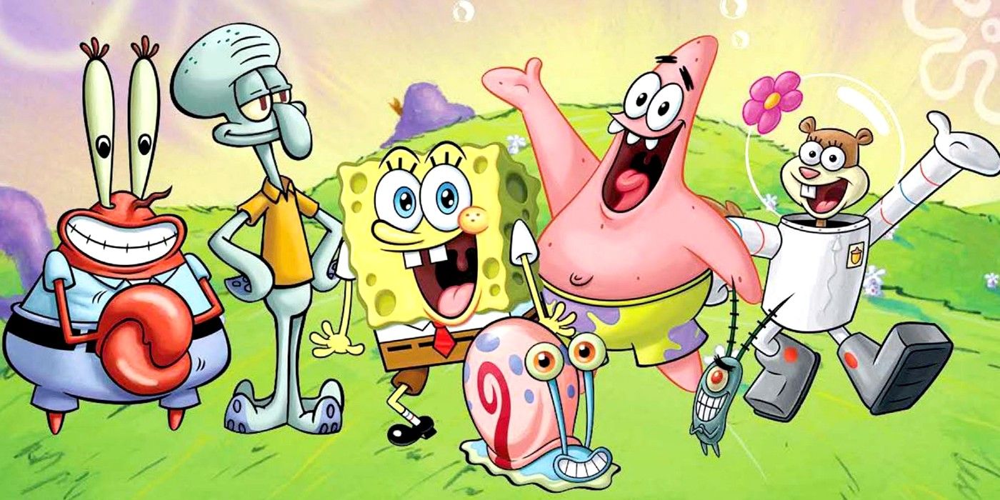 SpongeBob SquarePants characters smiling on a hill
