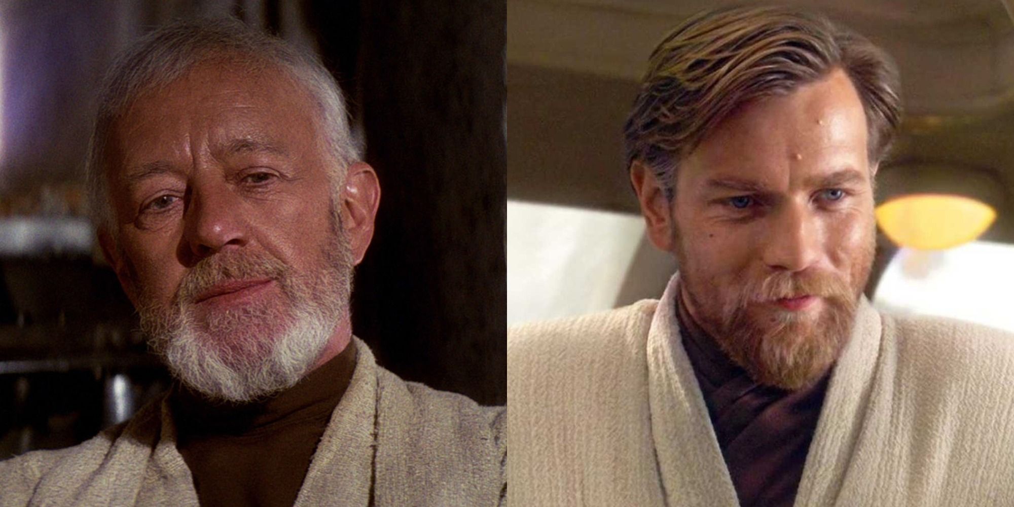Split image of Alec Guinness and Ewan McGregor as Obi-Wan Kenobi in Star Wars